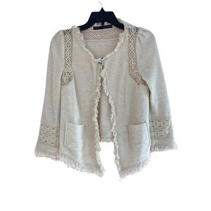 Zara Crochet Frayed Tweed Linen Blend Cardigan